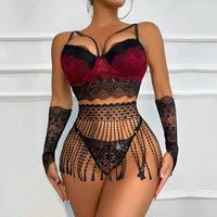 3 piece set women underwear see through sexy lingerie lace floral embroidery tassel lingerie set
