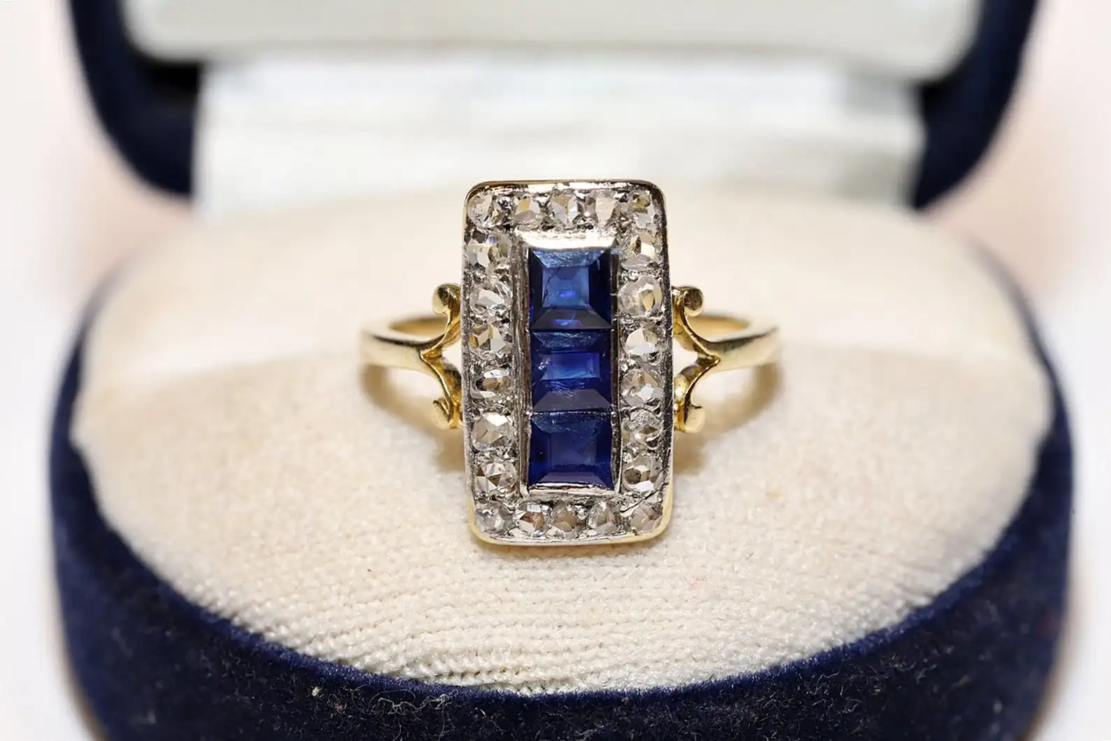 

Antique Art Deco 18k Gold Natural Diamond And Rose Cut Diamond Sapphire Decorated Pretty Navette Ring