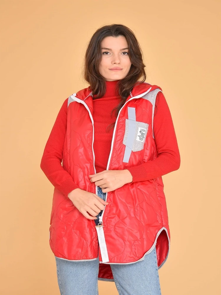 

Hooded Vivid Red Quilted Vest For Women