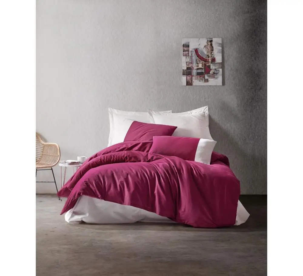 

100% Turkish Cotton Burgundy Cream Solid Bedding Set, Duvet Cover + Flat Sheet + Pillowcases, Made in Turkey