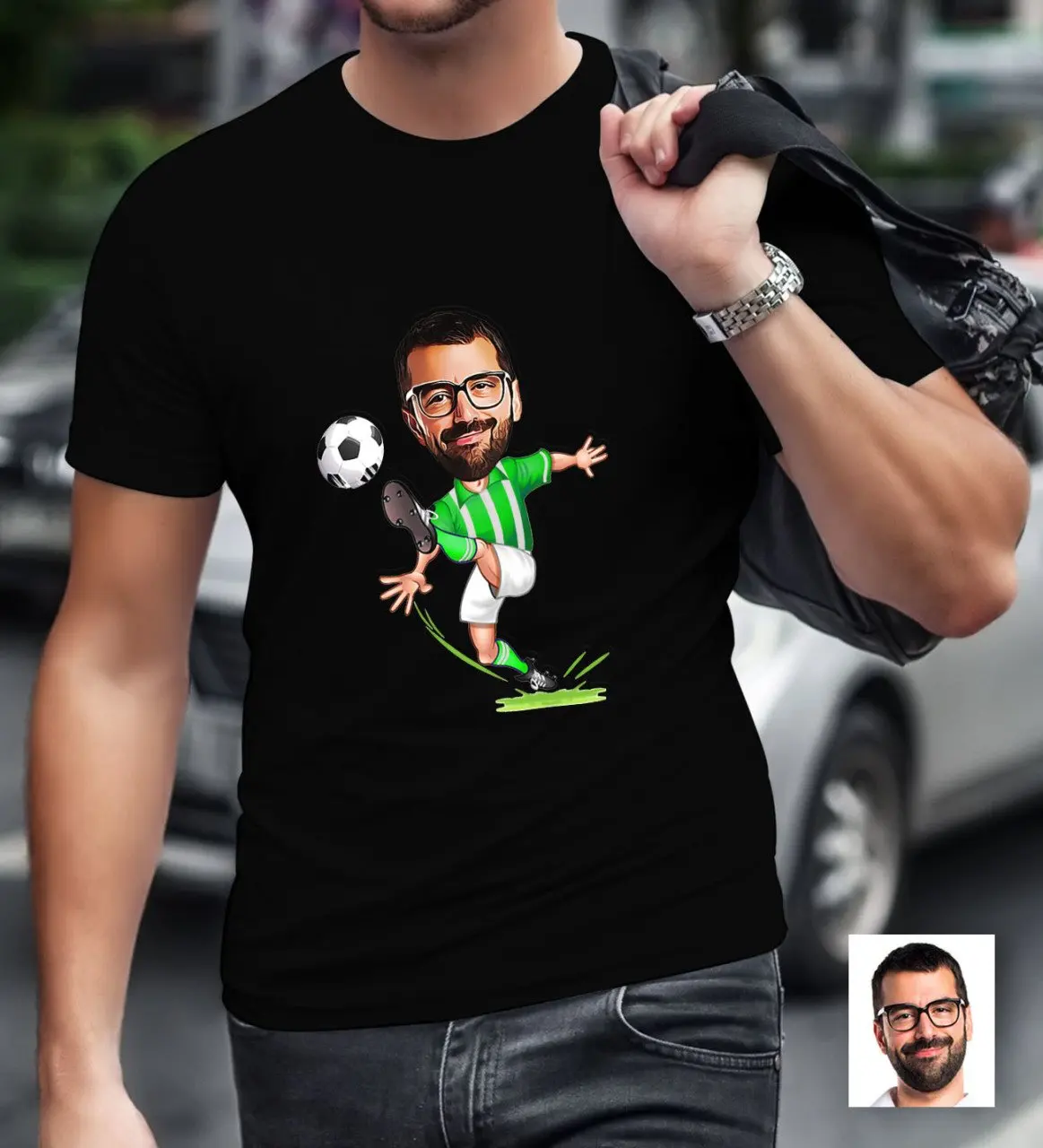 

Personalized Mr Green White Football Player Caricature Of BLACK T-Shirt
