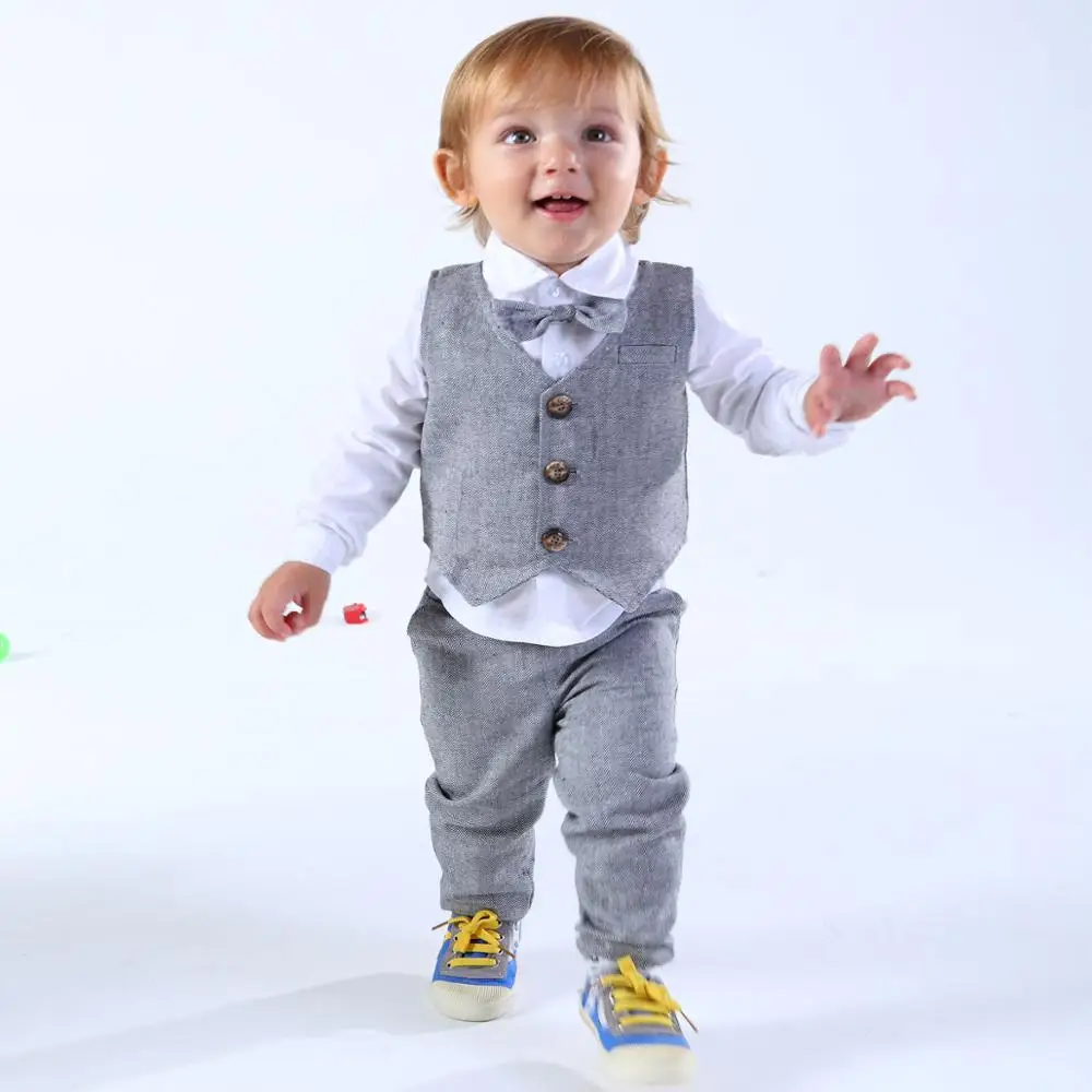 Boys Wedding Birthday Outfit Baby Baptism Suit Toddler Gentleman Party Clothes Kids Long Sleeve With Bow Tie 3PCS