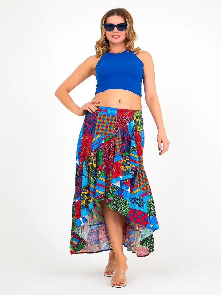 Long Backed Front Short Mixed Pattern Multicolored Chirpy Skirt 2022 New Season Boho Style Fashion Women's Bottoms