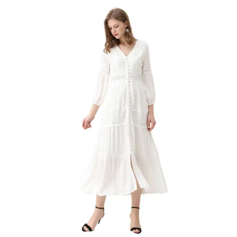 

White Button Down Crochet Embroidered Boho Maxi Dress Women Holiday Vacation Beach Dresses Cotton Spring Summer Female Vestido