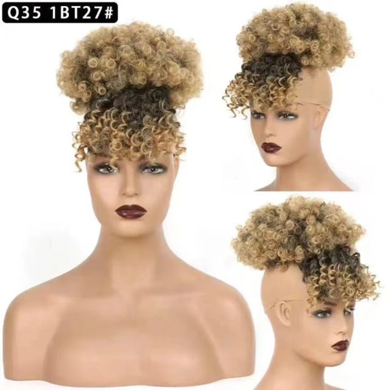Synthetic Hair Short Kinky Curly Chignon With Bangs Bun Drawstring Ponytail Afro Puff Hair Pieces For Women Clip Hair Extension