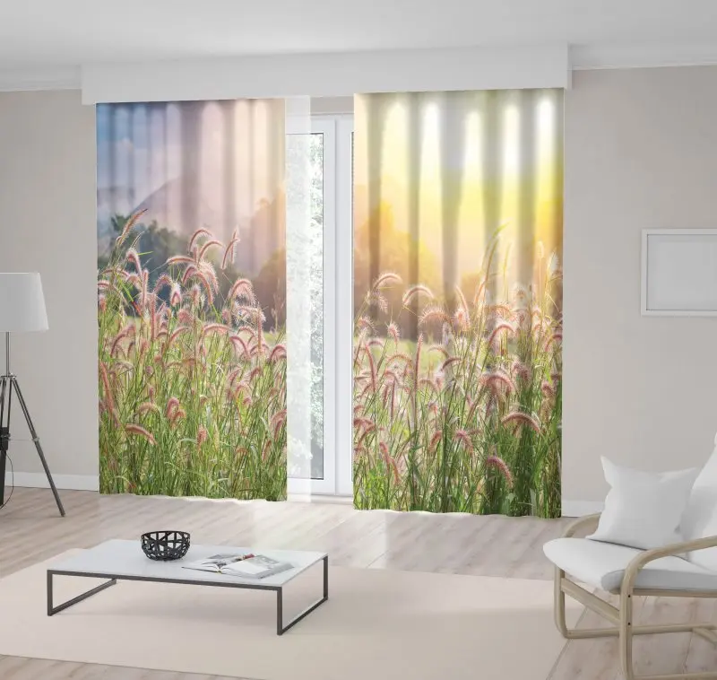

Curtain Grass Flower Field with Soft Sunlight Countryside Autumn Days Nature Meadow Landscape Green Yellow Photo Print
