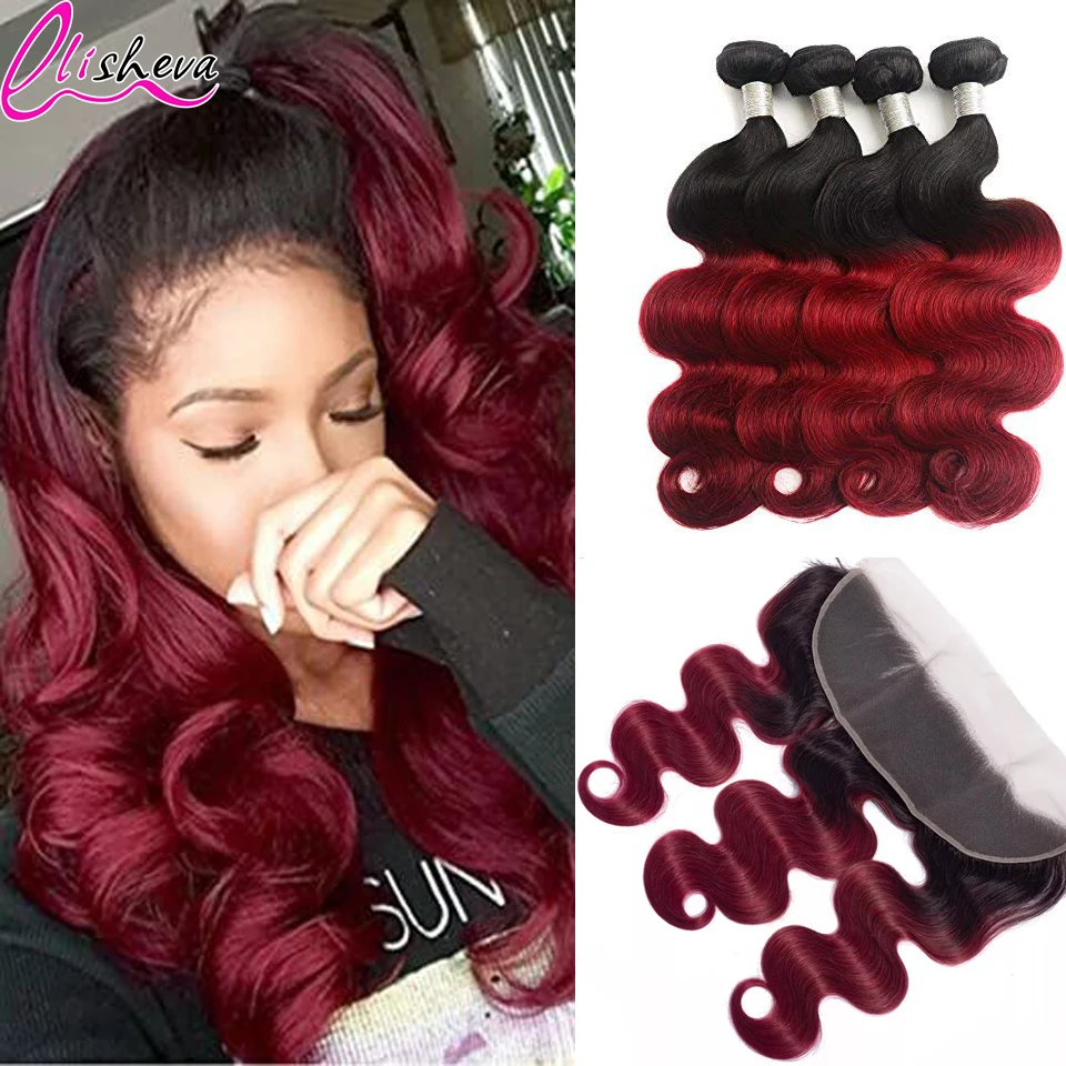 

Body Wave Human Hair Bundles With Frontal 1B Burgundy Remy Peruvian Dyed Omber 3 Bundles With Frontal 13x4 Brazilian Human Hair