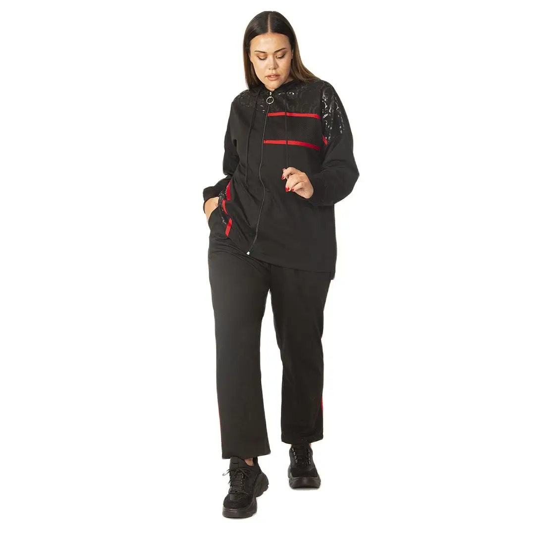 

Women’s Plus Size Black Sweatsuit Set 2 Piece Red Stripe Detail Zipper Tracksuit, Designed and Made in Turkey, New Arrival
