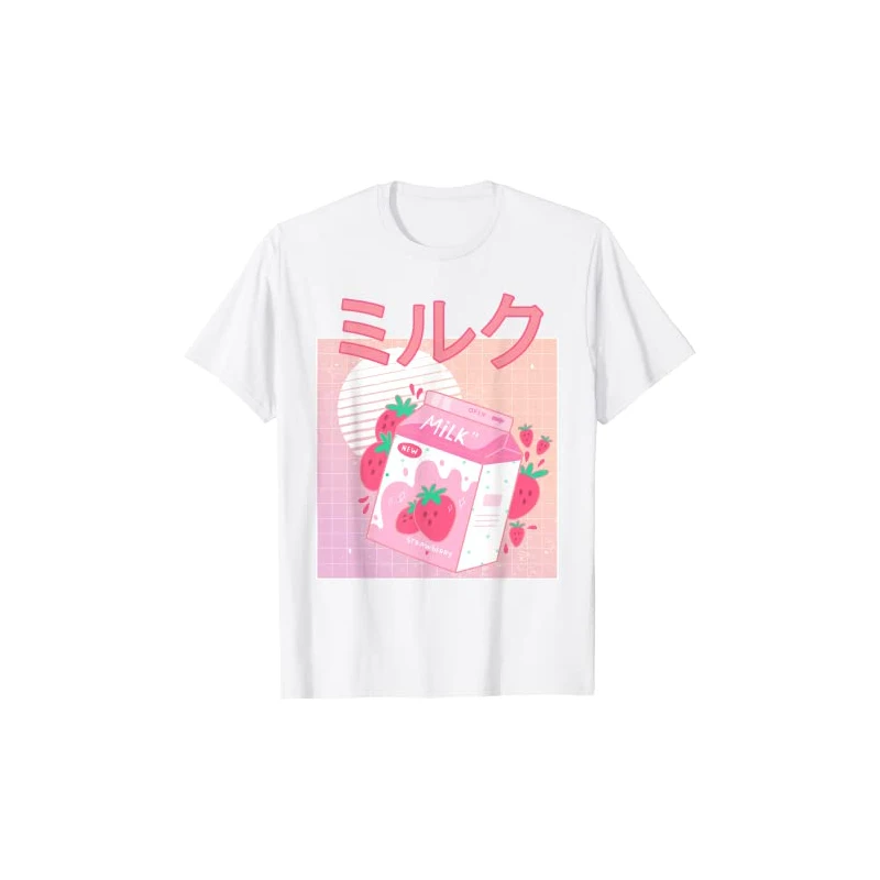 

Funny retro 90's Japanese cute strawberry milk shake carton T-shirt women's cotton short sleeve Harajuku pattern loose T-shirt