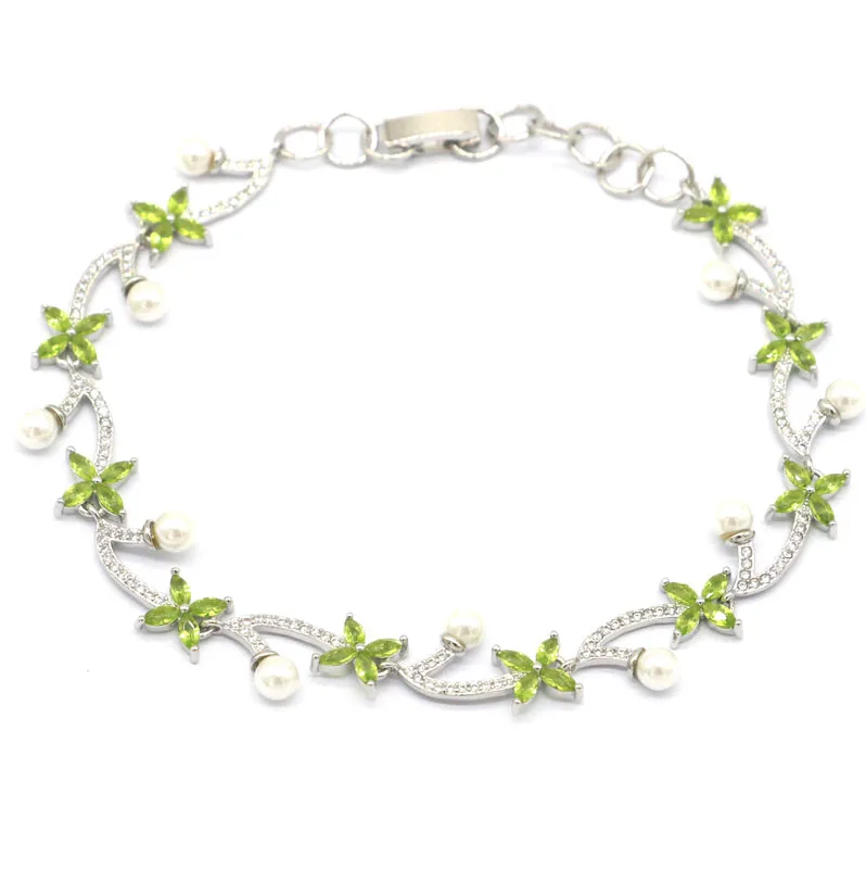 

20x11mm Deluxe 7.9g Green Peridot Violet Tanzanite White Pearl Women Daily Wear Silver Bracelet 7.0-8.0inch