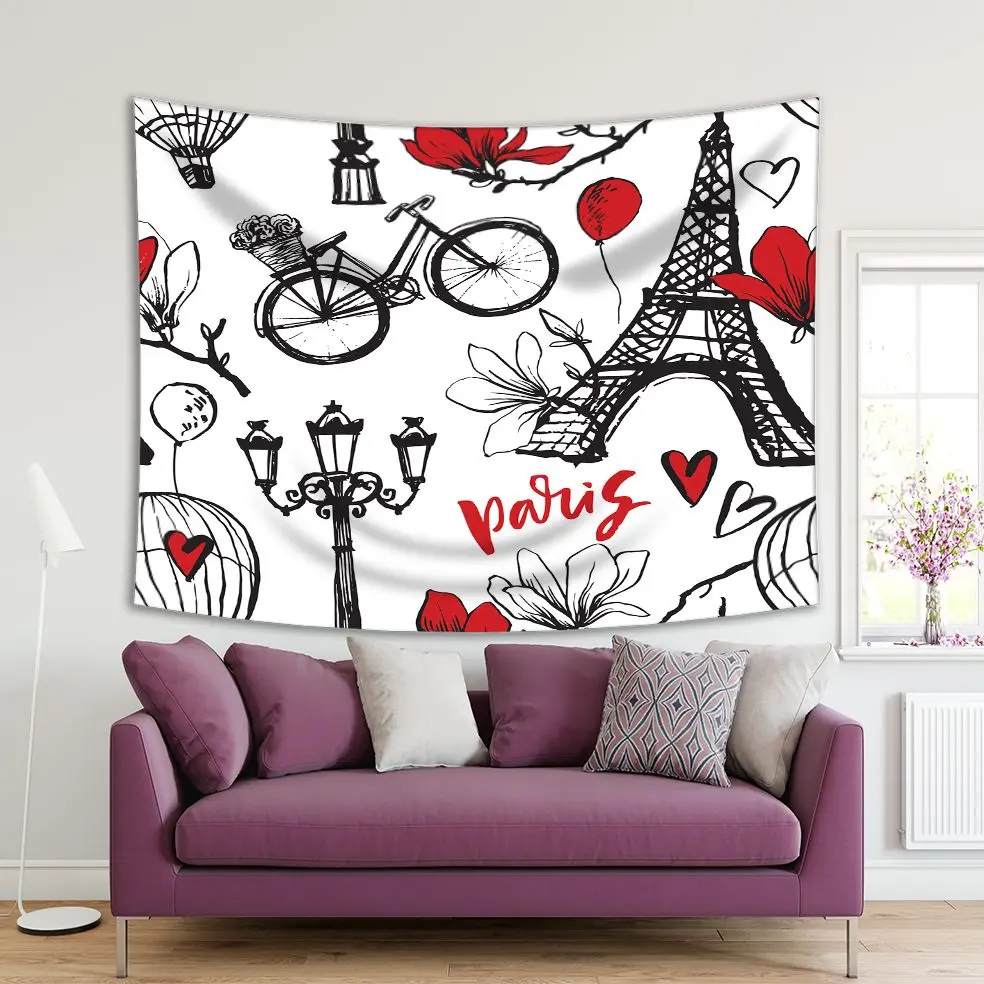

Tapestry Paris Symbols Romantic Magnolia Blossom Eiffel Tower Bicycle Balloons Pattern in Red and Black Art Printed