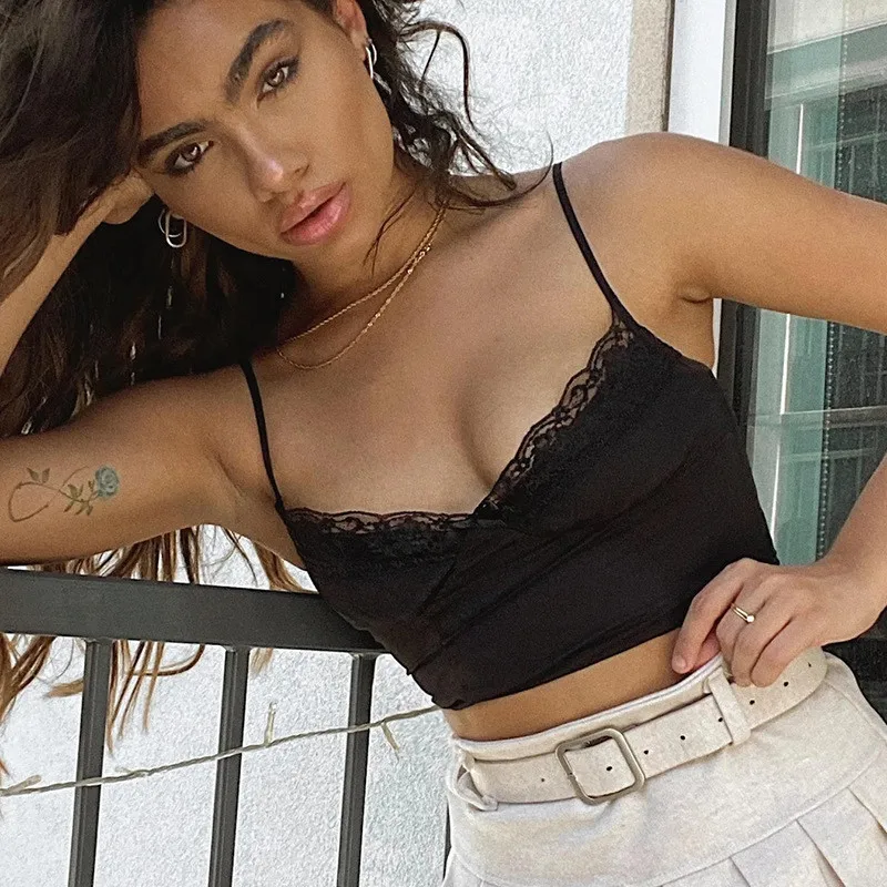 

Women's Tube Tops Cotton Sexy Lace Crop Halter Tank Top on Thin Straps Female Body Debardeur Women 2020 Summer Bar Vest DropShip