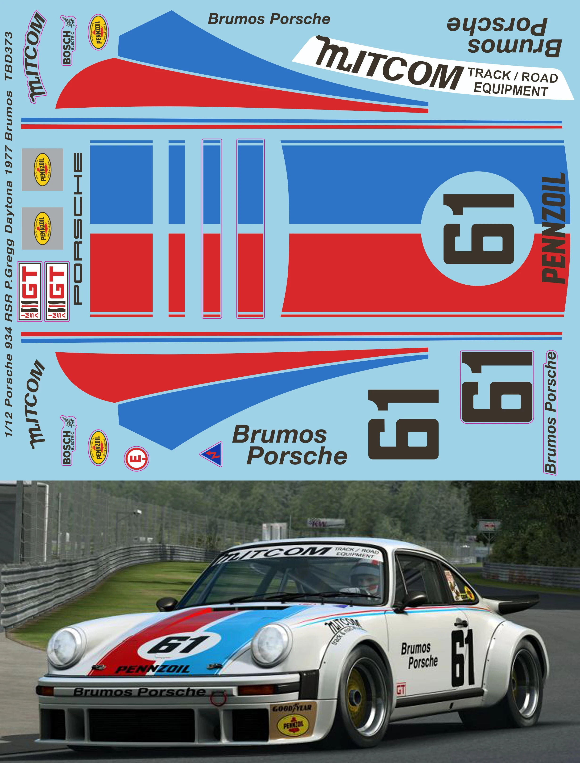 1/12 Porsche 934 RSR P.Gregg Daytona 1977 Brumos Decals TB Decal TBD373 | Hobby Building Tools
