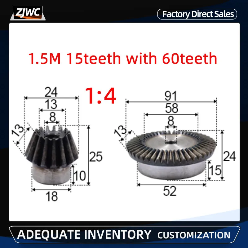 

2pcs 1:4 Bevel Gear 1.5 Modulus 15Teeth + 60teeth 90 Degree Drive Commutation Steel Gears Steel Gears