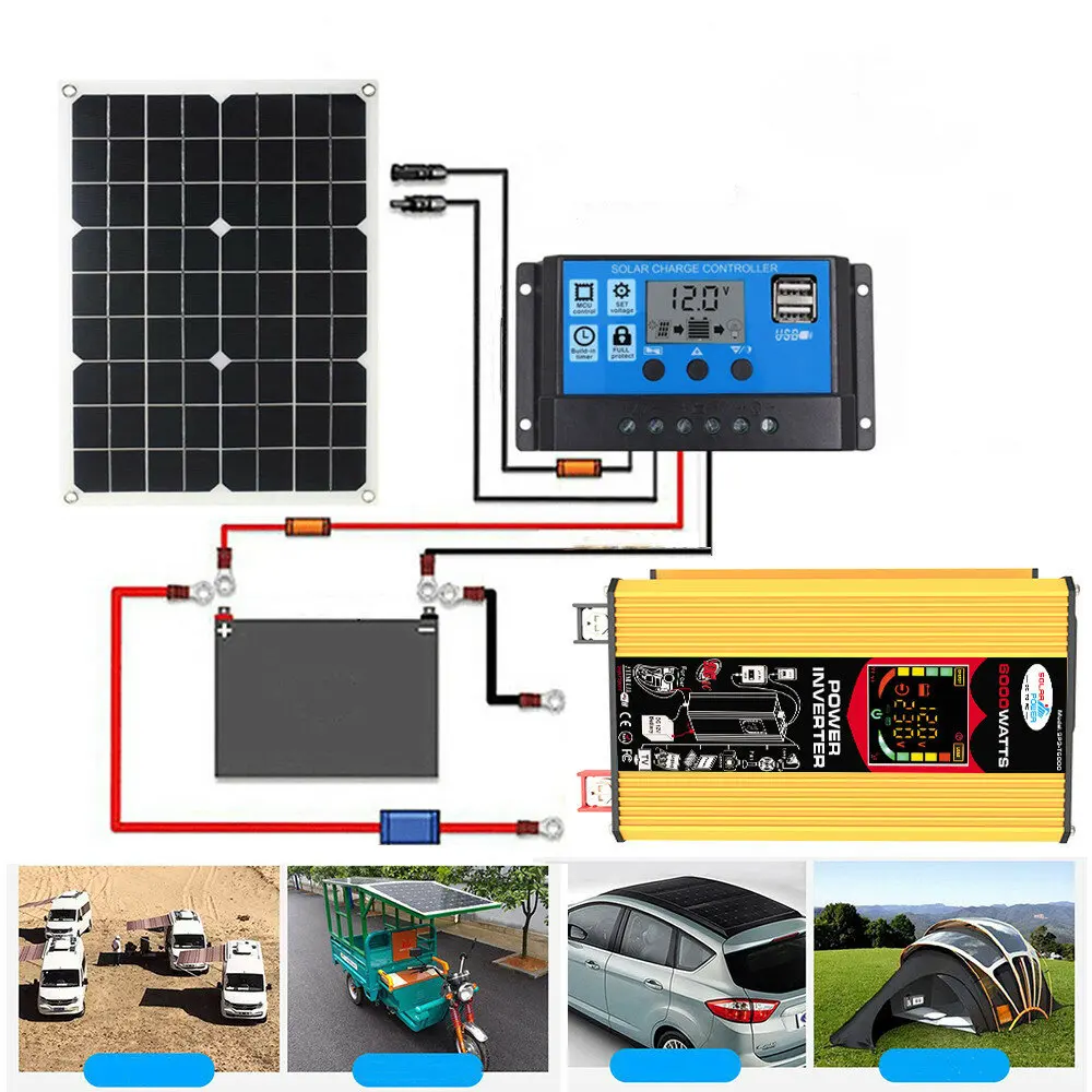 

6000 Вт DC 12V To AC 110V/220V Интеллектуальный экран инвертор солнечной энергии 18V 18W солнечная панель 30A 12V/24V комплект преобразователей солнечных бата...