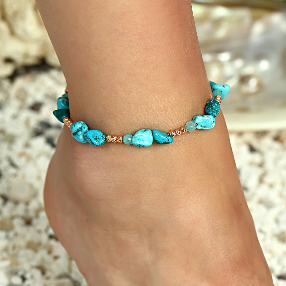 

Turquoise Stone 925 Sterling Silver Chain Jewelry Rose Gold Plated Anklet with Turquoise