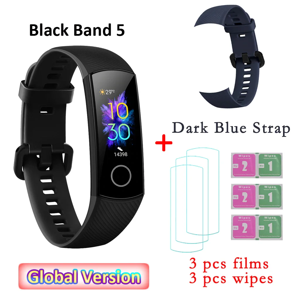 DBL strap and 3 film Global Versio huawei Honor Band 5 4, умный Браслет, умный браслет, шагомер, сенсорный экран, для плавания, сердечного ритма, сна, монитор - Цвет: DBL strap and 3 film