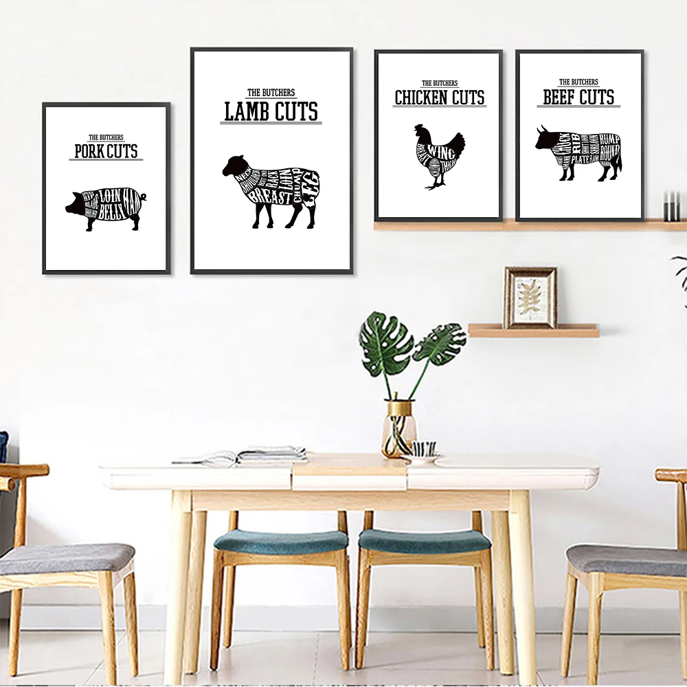 

Poultry Poster Butchers Cut Meat Canvas Painting Black White Animals Art Print Lamb Beef Kitchen Wall Picture Living Room Decor