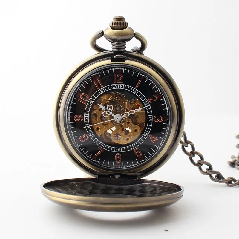 Arabic Numeral Display Clock Pocket Watches Mechanical Automatic Watch For Men Women Retro Bronze Pocket&Fob Chain Watches