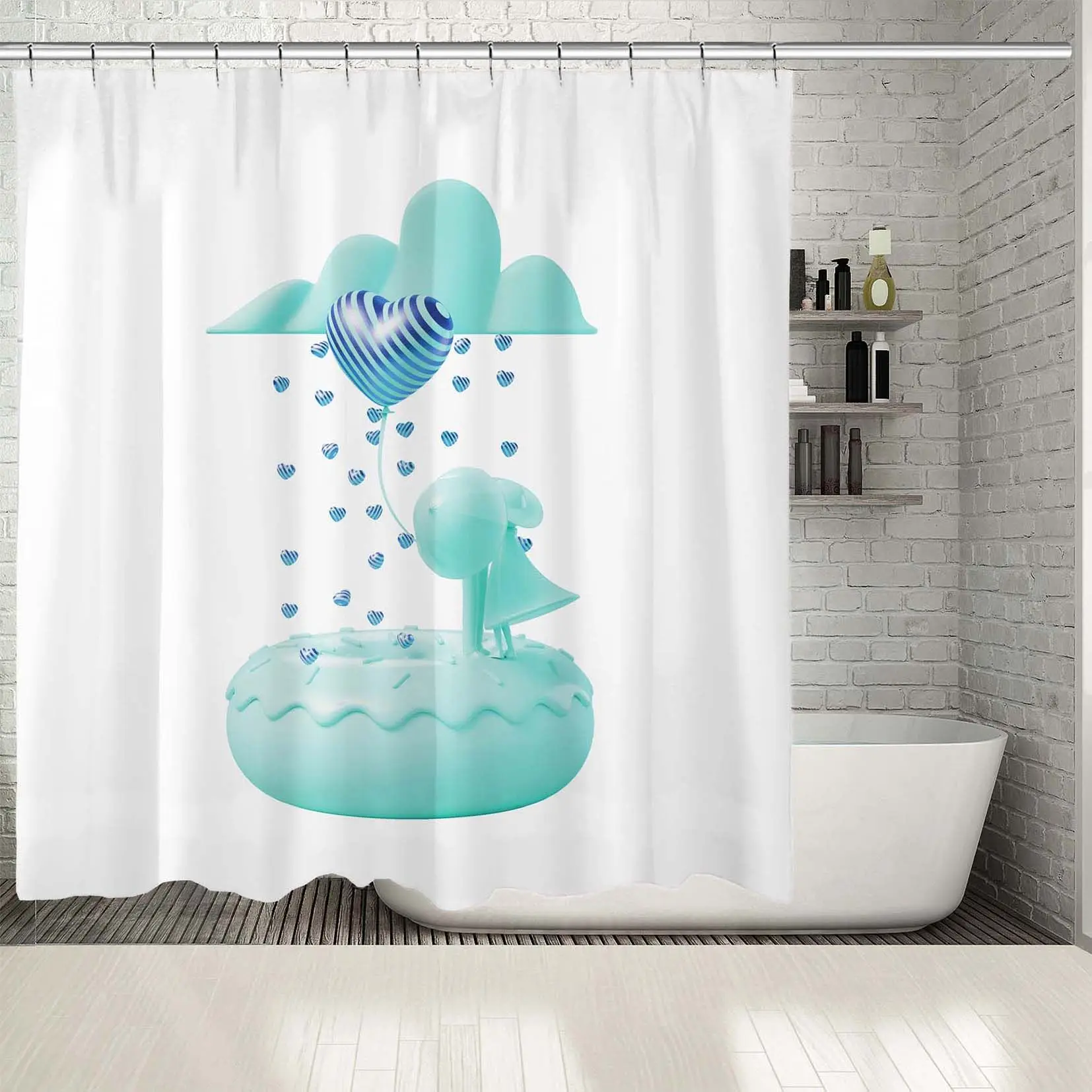 Занавеска для душа синие облака и пончик поцелуи с парой держащей Полосатый Шар