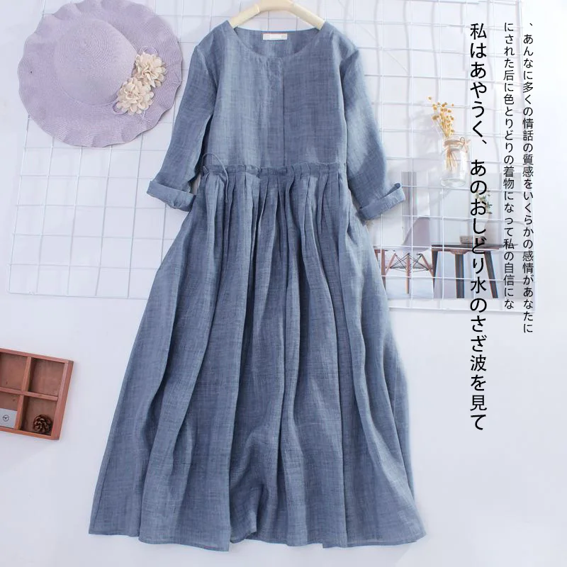 Dress ramie literature art 2022 spring summer round neck pleated drawstring three-quarter sleeves cool long dresses