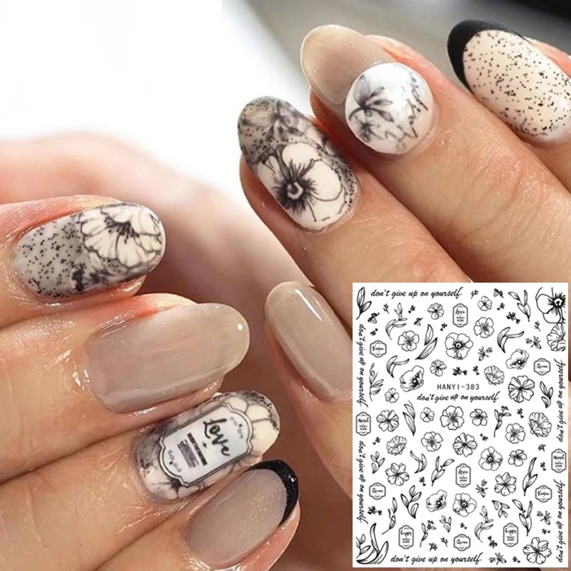 HANYI 383 seriesBLACK белый цветок стикеры 3d на ногти nail art Наклейки Шаблон &quotсделай сам&quot