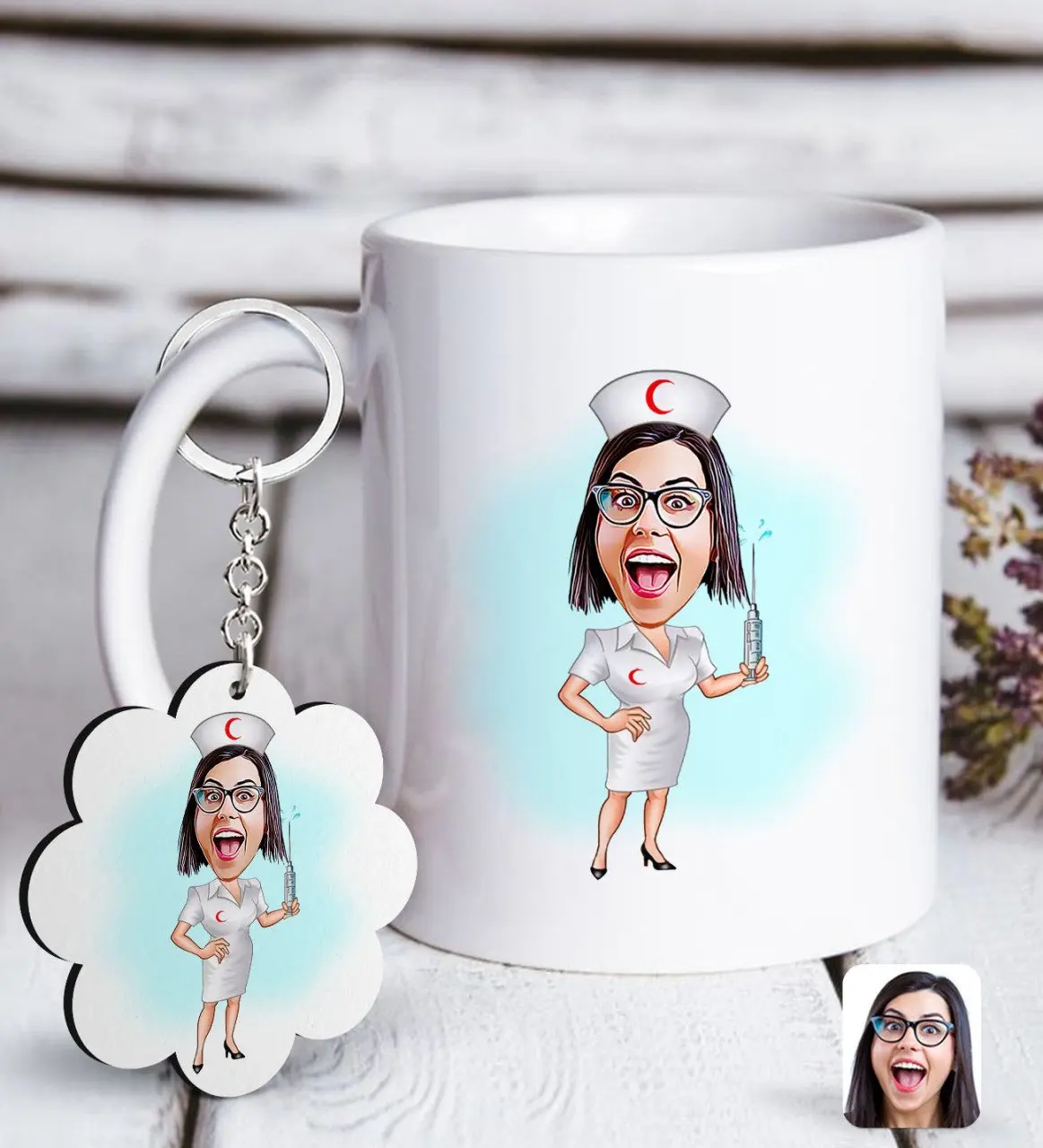 

Personalized Nurse Caricature Of White mug And Keychain Gift Seti-1