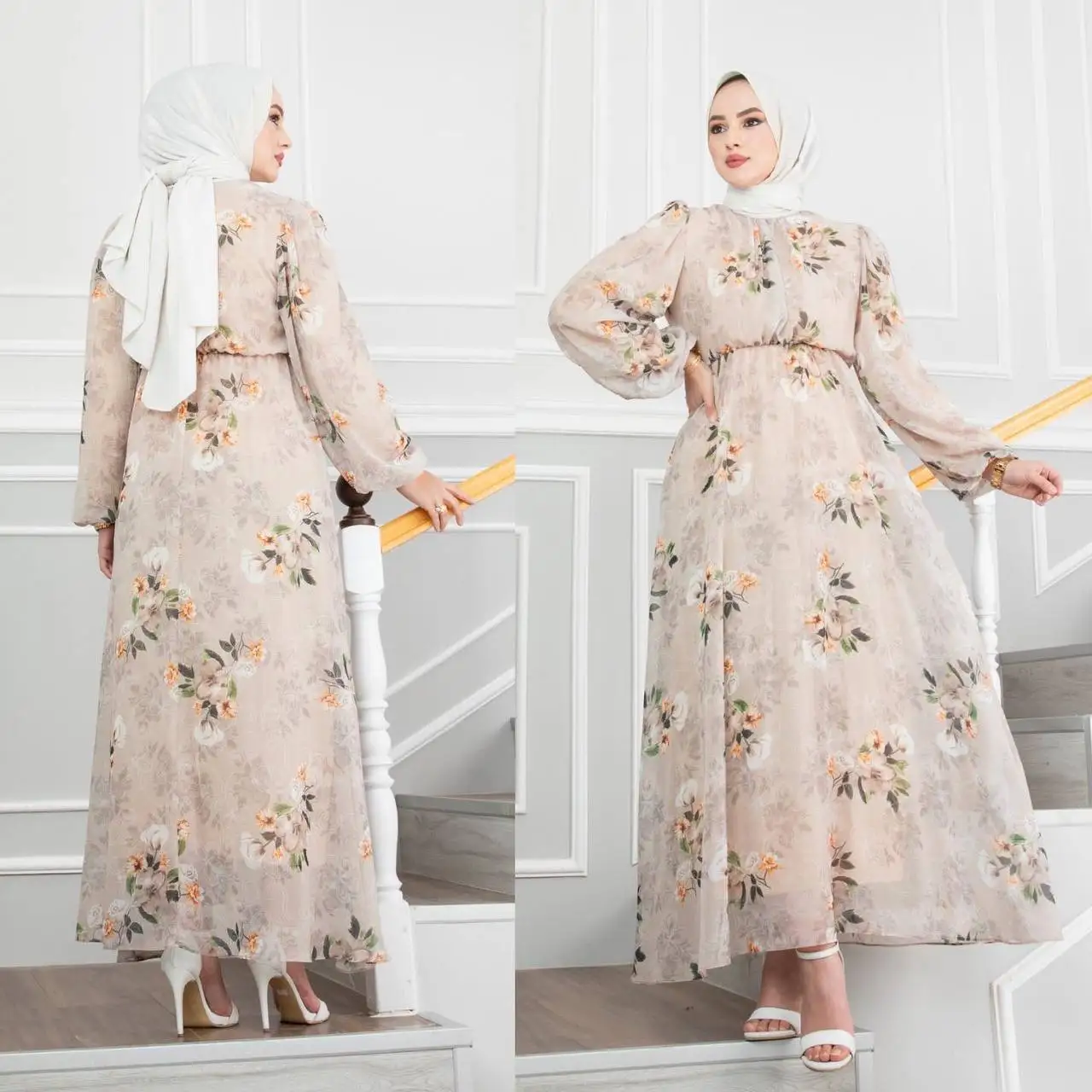 Новинка 2022 года, шифоновое платье с цветочным принтом, мусульманская одежда, турецкие платья, скромное платье, туника, хиджаб