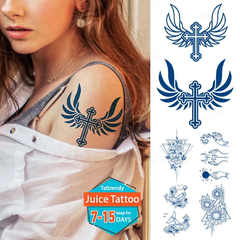 juice tattoo natural fruit ink gel body painting cross wings flower triangle temporary water transfer long lasting blue | Красота и