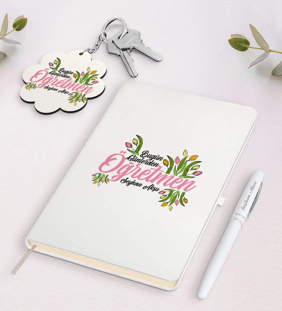

Personalized Day Today Teacher White Notebook Pen And Keychain Gift Seti-1