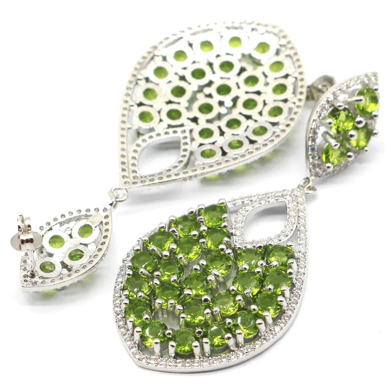 

60x26mm SheCrown Dazzling Long Big Heavy 16.7g Created Green Peridot Zircon For Women Dating Daily Wear Silver Earrings
