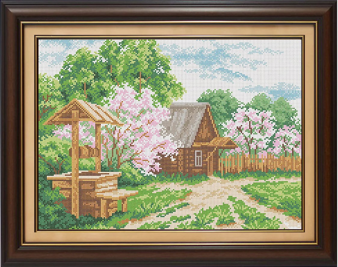 Схема картина дома. Деревенский пейзаж золотое Руно. Вышивка крестом деревенский пейзаж. Вышивка домик в деревне. Вышивка крестом деревня.