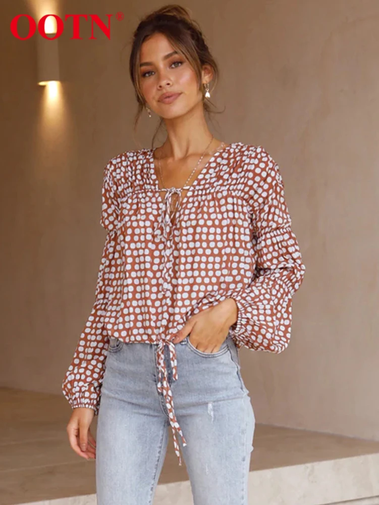 

OOTN Elegant Polka Dot Shirt V-Neck Lace Up Puff Sleeve Summer Women Blouse Office Thin Chic Street All-Match 2022 Fashion Top