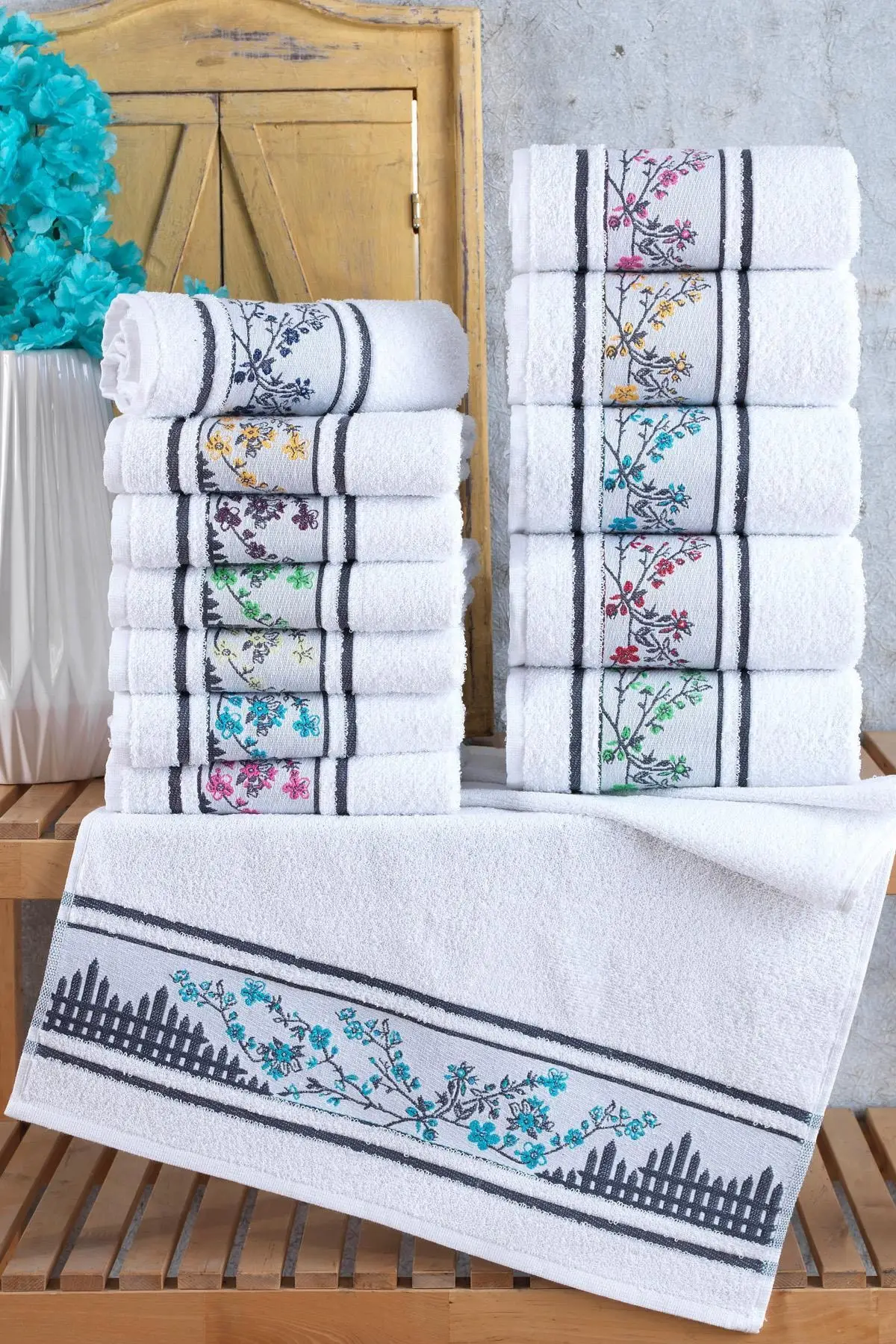 

Flower Embroidered 12 Pieces 30x50 Cm Hand And Face Towel Set