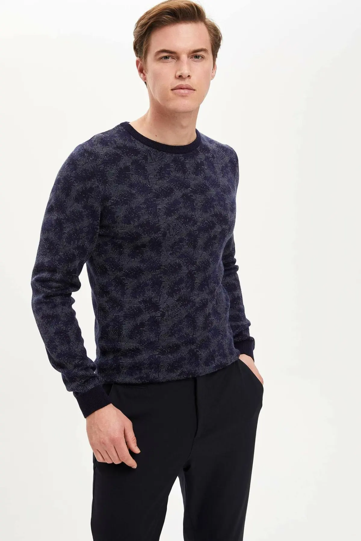 DeFacto мужской осенний вязаный пуловер темного цвета мужские повседневные