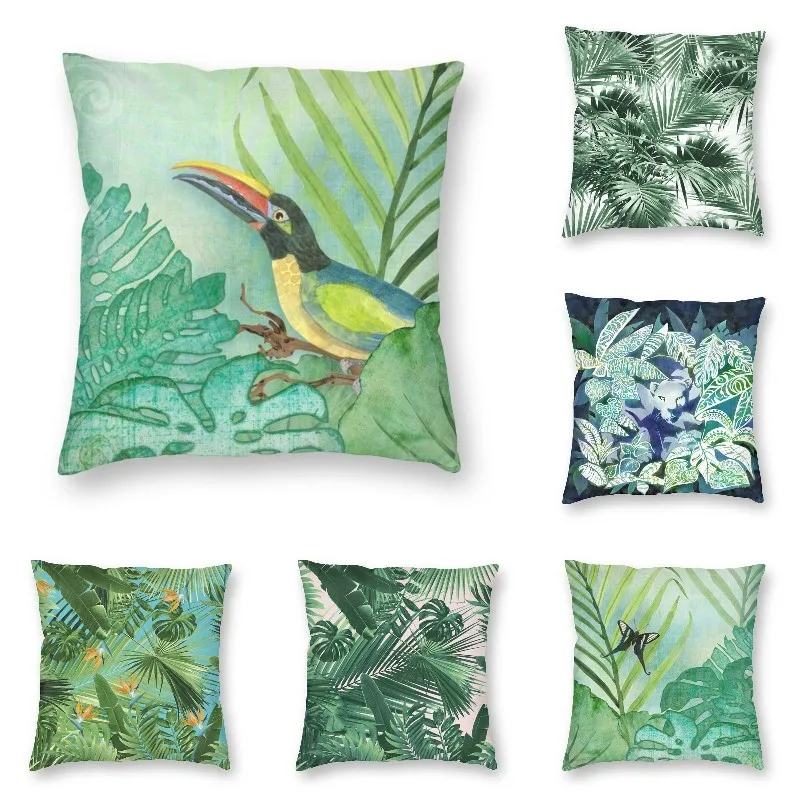 

Квадратная подушка с тропическими джунглями, листьями и пальмами, домашний декор, диванная подушка для автомобиля, двусторонняя