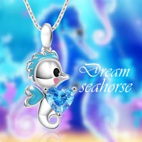dream seahorse heart shaped blue crystal pendant necklace exquisite women necklace cartoon seahorse necklace party jewelry gifts