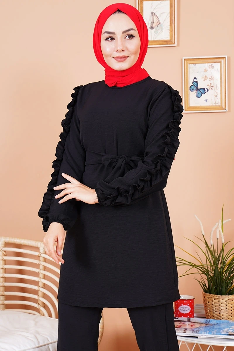 Женский комплект из двух предметов топ и брюки с оборками длинным рукавом