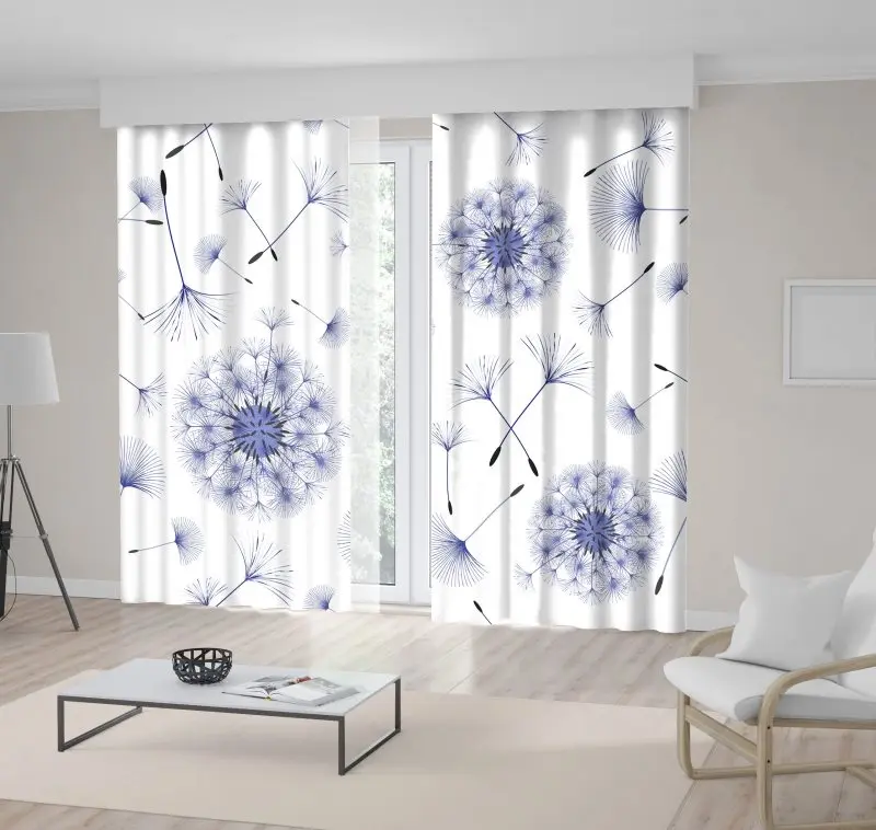

Curtain Flying Dandelion Flowers and Seeds in Air Elegant Modern Design Art Blue White