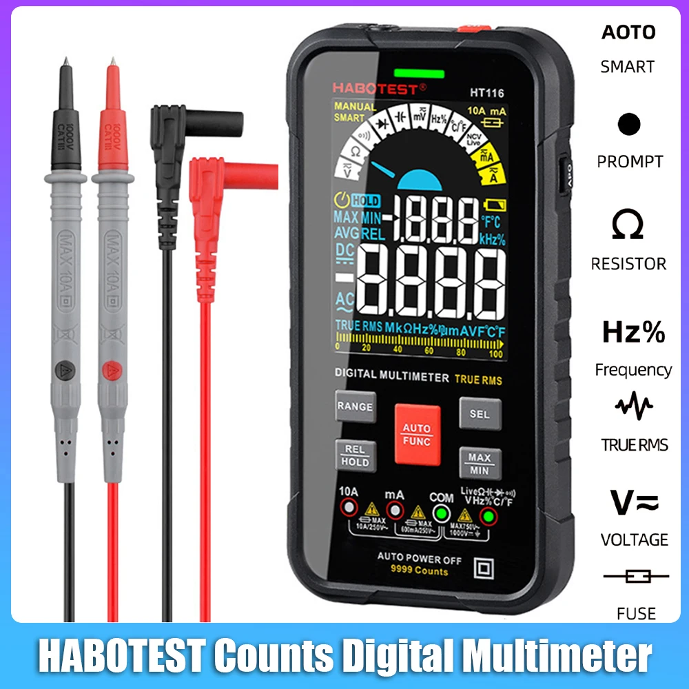 HABOTEST HT116 9999 Counts Digital Multimeter Auto Range 1000V 10A Tester Meter Ohm Hz Capacitance True RMS AC DC Multitester |