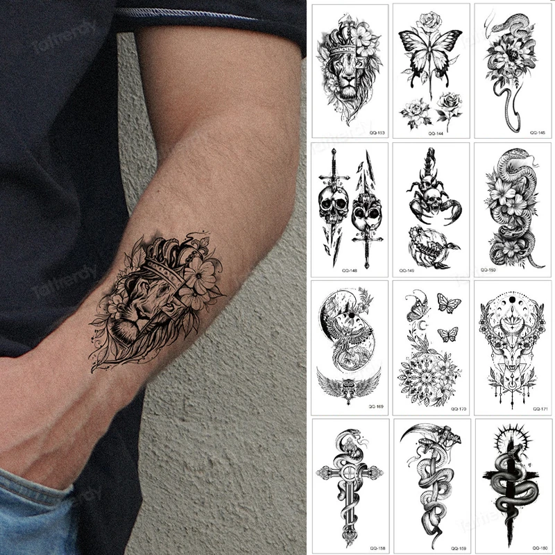 

Тату-наклейка маленького размера 12 шт./лот, черное аниме, Лев, змея, птицы, Бабочка, цветок, крест, временные татуировки на руку
