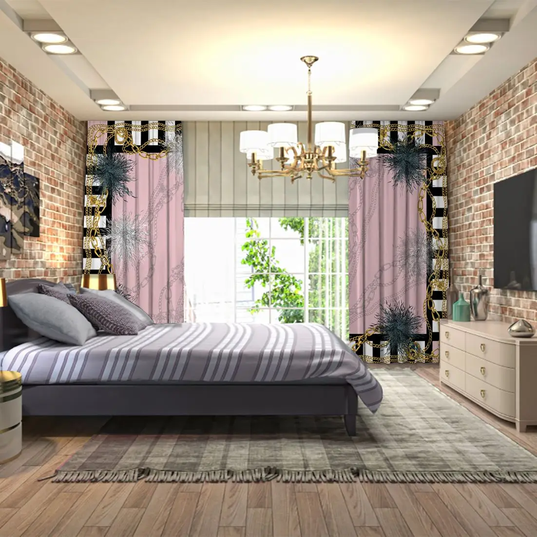 Занавески в полоску с золотой цепочкой и цветочным узором стиле барокко