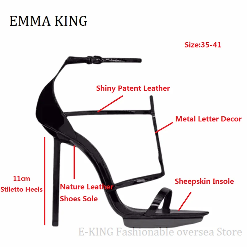 

2021 Summer Women 110mm Sandals Sexy Metal Letter Decor Stiletto Heel Sandals Open Toe Ankle Strap Party Dress Gladiator Sandals