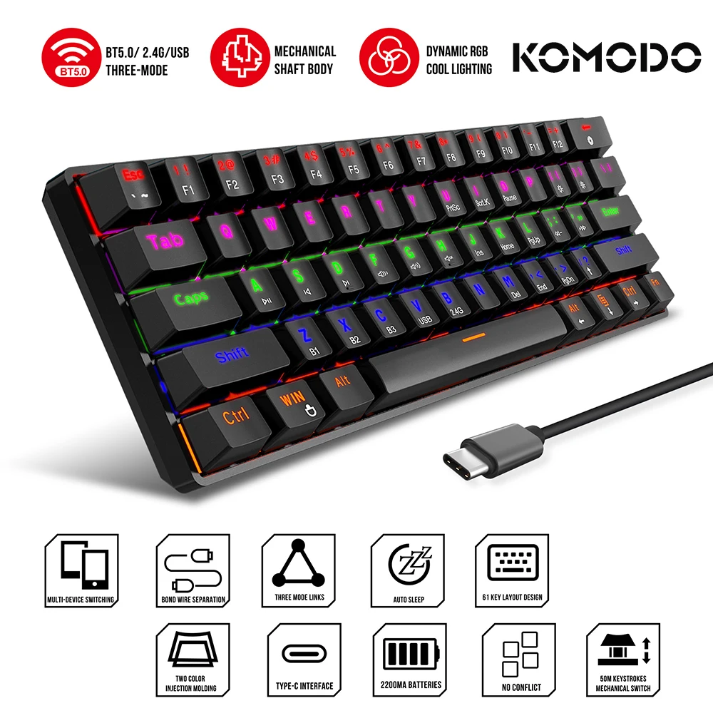 Механическая игровая клавиатура KOMODO 61 клавиша синий вал оптика горячая замена