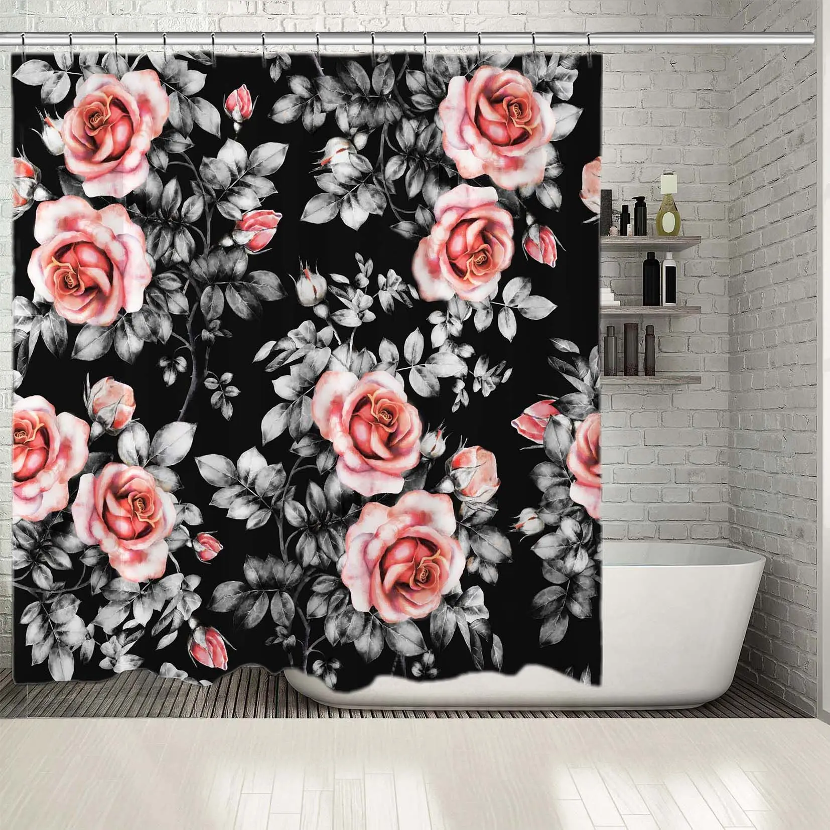 Занавески для душа розовые ветки Цветы Листья букеты на темном фоне классический