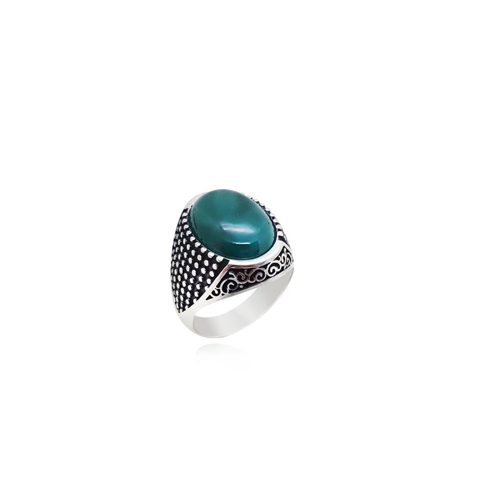 

925 Silver Men's Ring Male Green Gift Bohemian Square Original Trendy for Men Turkish Jewelry Accessorie Wholesale