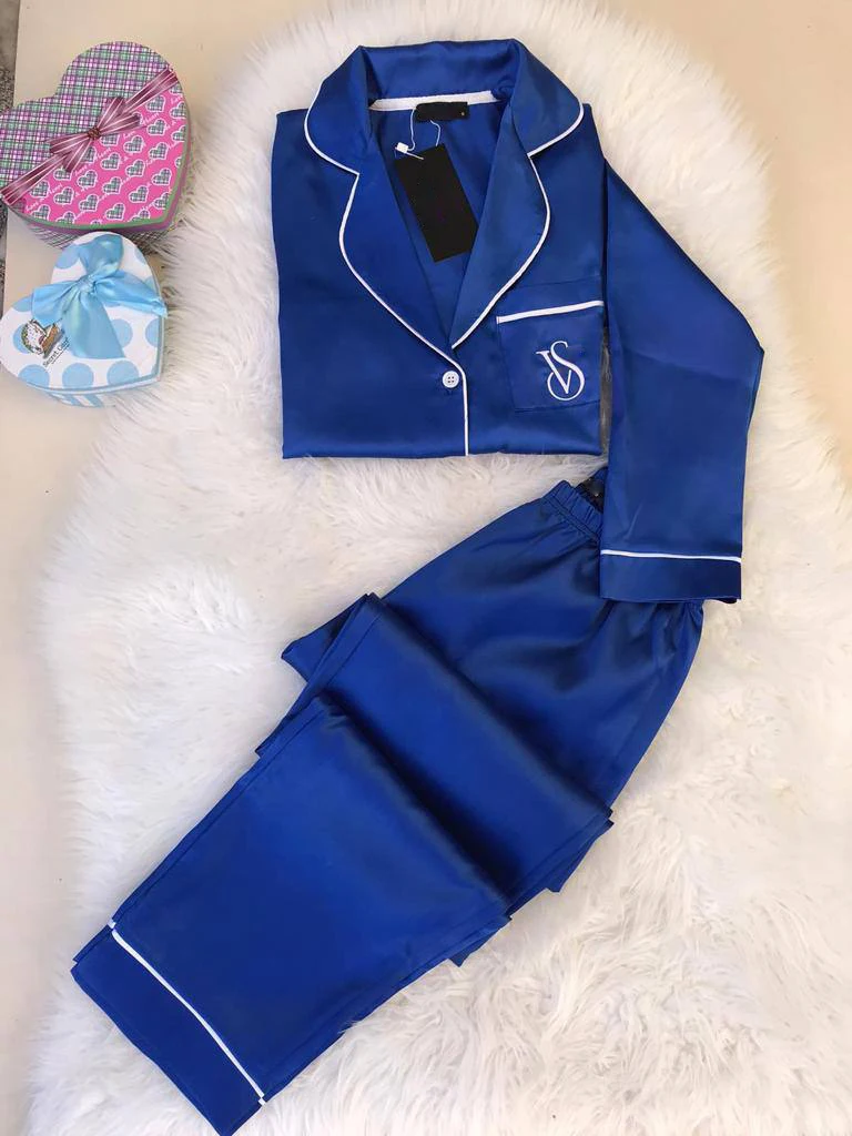 

Luxury Dark Blue Satin Long Pajamas Set