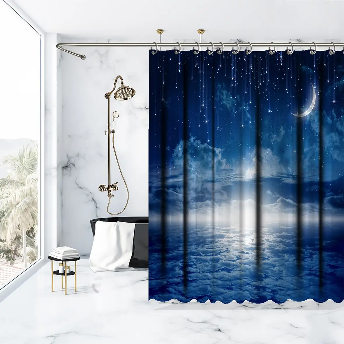 Занавеска для душа Новая Луна звезды облака светящийся горизонт Астрология