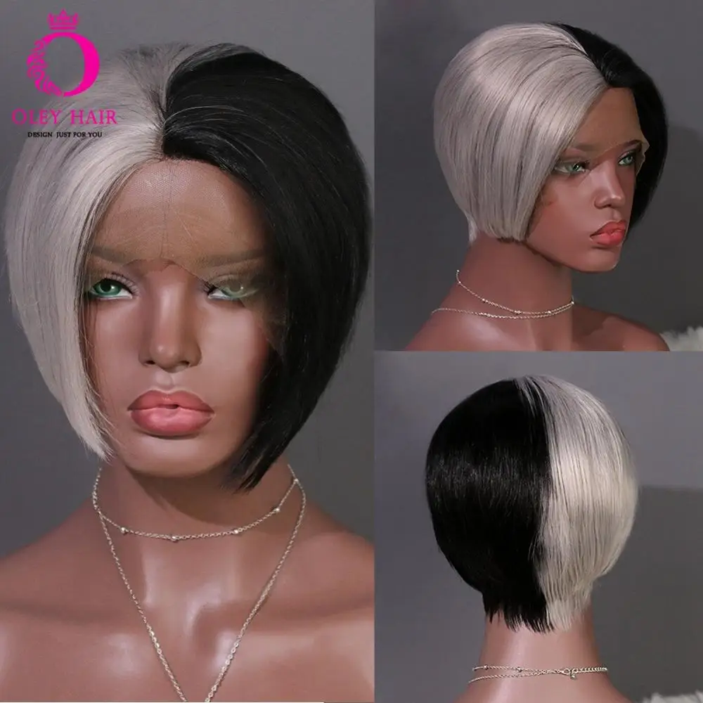 Black Grey Synthetic Lace Front Wig 10 Inch Cosplay Heat ResistBob Wig Glueless Short Cosplay Wigs For Black Women OLEY