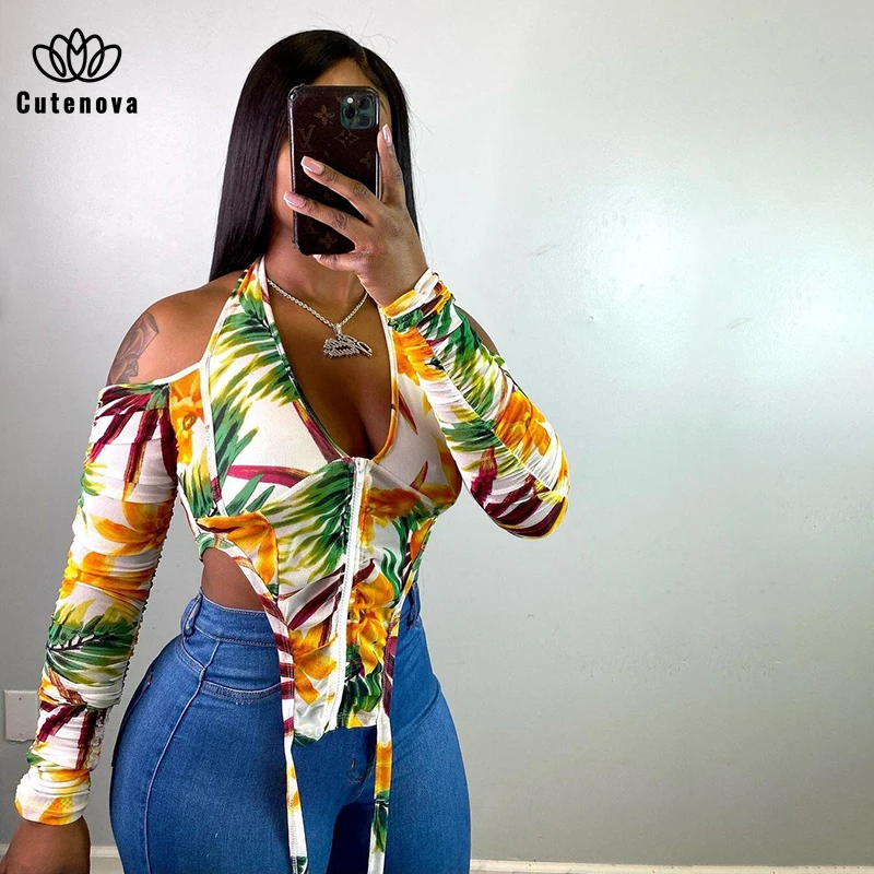 

Cutenova Ladies Basic Cotton T-shirt 2020 and Sexy Fashion Open Back and Long Sleeve Casual and Strapless Zip T-shirt